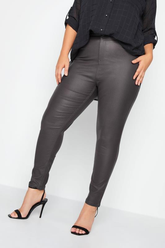Plus Size  YOURS Curve Charcoal Grey Coated Skinny Stretch AVA Jeans