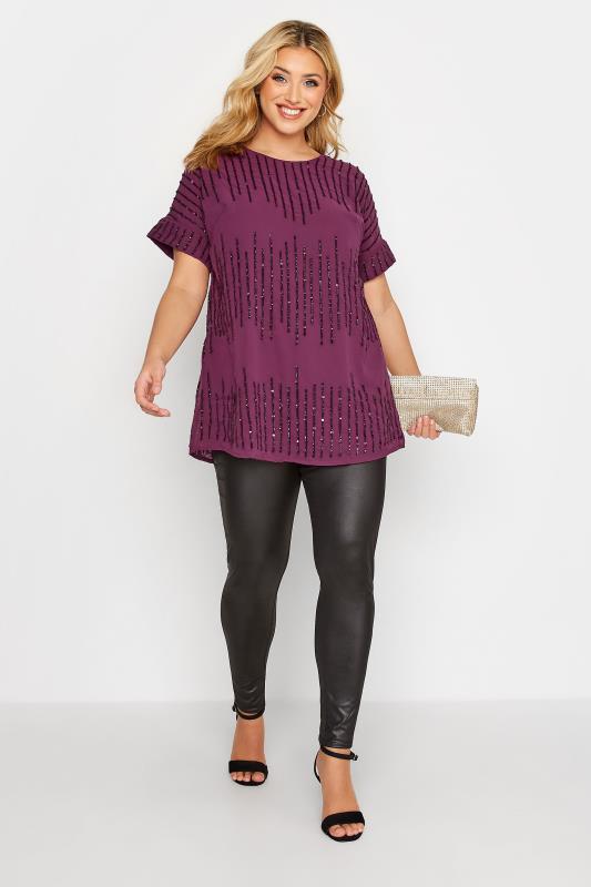 Plus Size LUXE Purple Sequin Hand Embellished Top | Yours Clothing 2