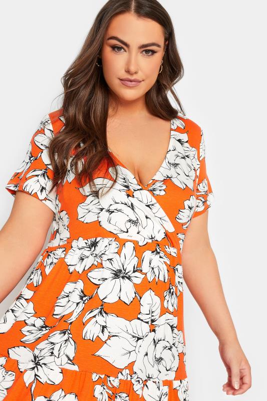 YOURS Plus Size Orange Floral V-Neck Tiered Wrap Dress | Yours Clothing 4