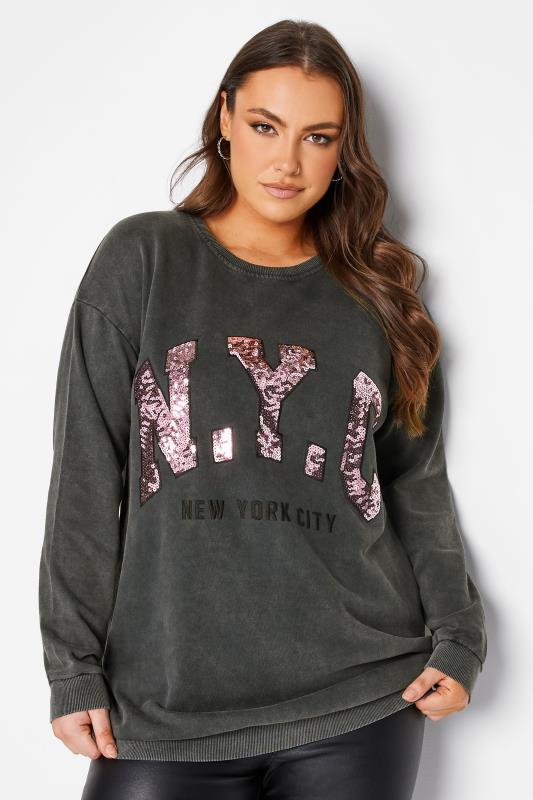 YOURS LUXURY Plus Size Grey Acid Wash Embellished 'NYC' Sweatshirt | Yours Clothing 2