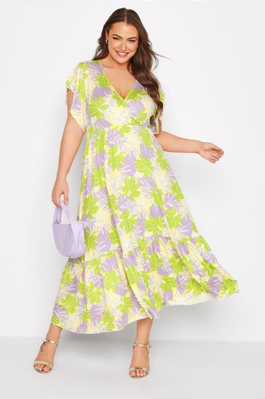 Plus Size  Curve Yellow Leaf Print Tiered Midaxi Dress