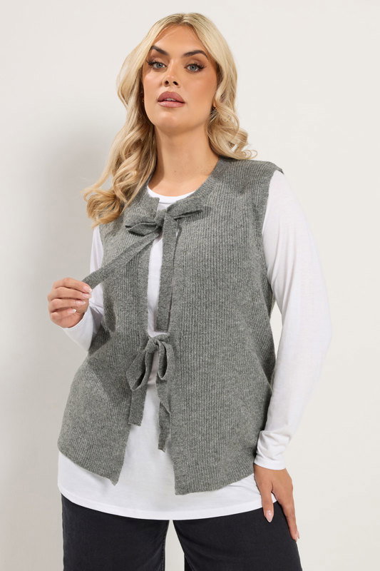 YOURS Plus Size Dark Grey Double Tie Knitted Vest Top | Yours Clothing