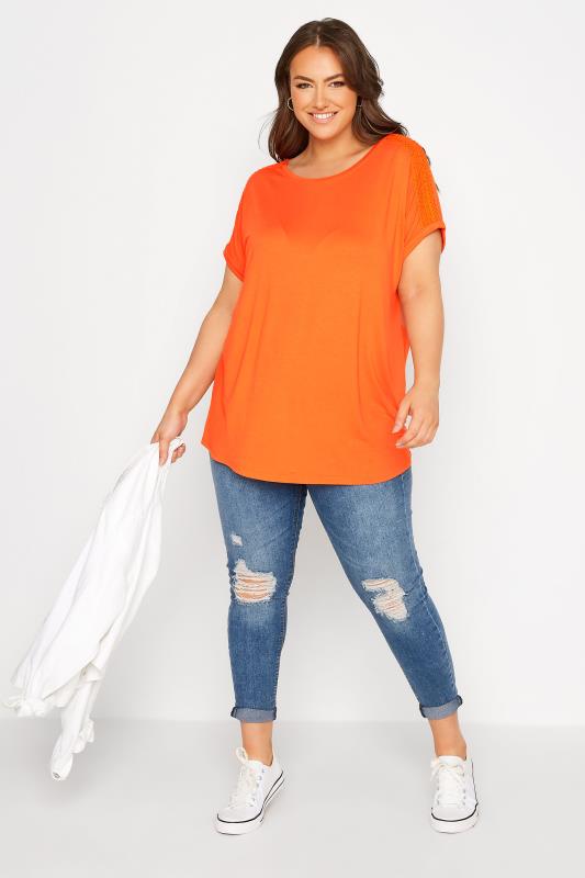 Plus Size Orange Crochet Shoulder T-Shirt | Yours Clothing 2
