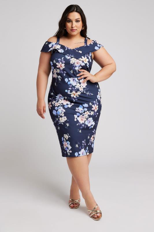 YOURS LONDON Plus Size Navy Blue Floral Print Bardot Dress | Yours Clothing 4