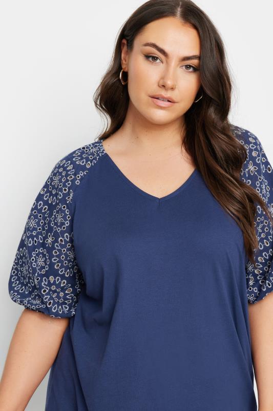 YOURS Plus Size Navy Blue Broderie Anglaise Sleeve T-Shirt | Yours Clothing 4