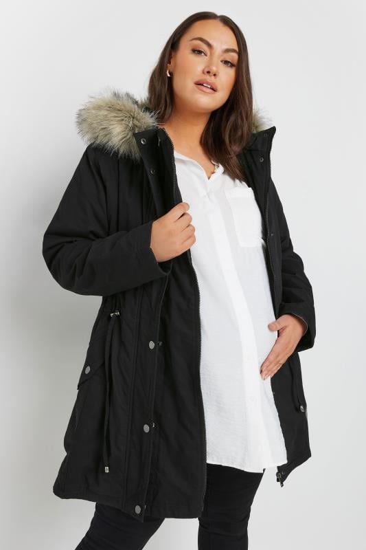 BUMP IT UP MATERNITY Khaki Green Fur Trim Parka | Yours Clothing 2