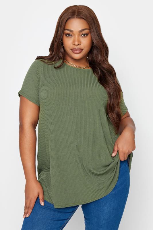 YOURS Plus Size Curve 2 Pack Khaki Green Ribbed Stripe Swing T-Shirts | Yours Clothing  3