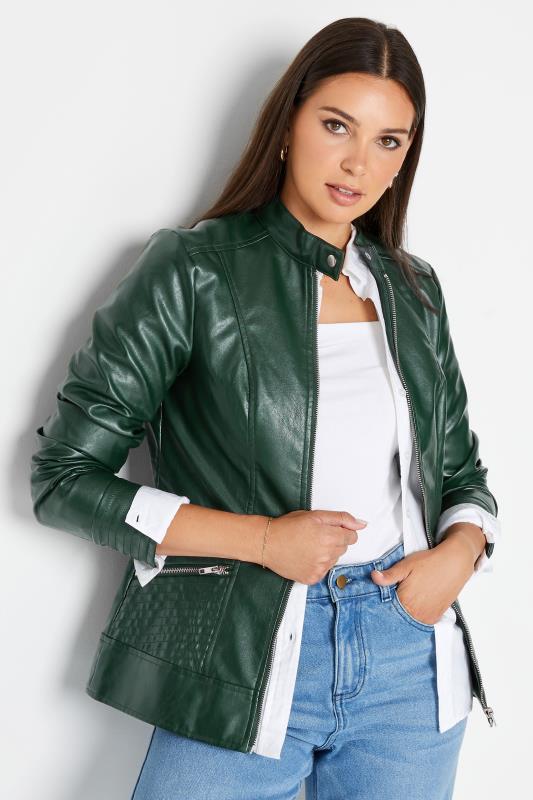 LTS Tall Forest Green Leather Funnel Neck Jacket | Long Tall Sally  1