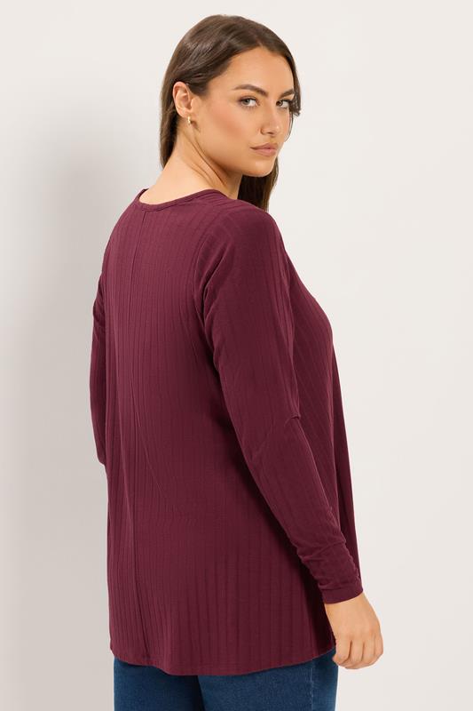 YOURS Plus Size Red Plunge Neck Ribbed T-Shirt | Yours Clothing 2
