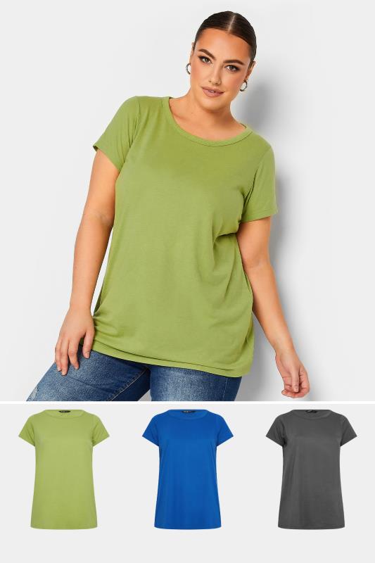 YOURS Curve Plus Size 3 PACK Green & Blue Essential T-Shirts | Yours Clothing  1