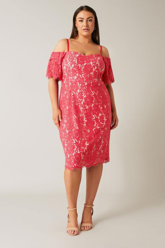 Evans Pink Floral Lace Cold Shoulder Midi Dress 2