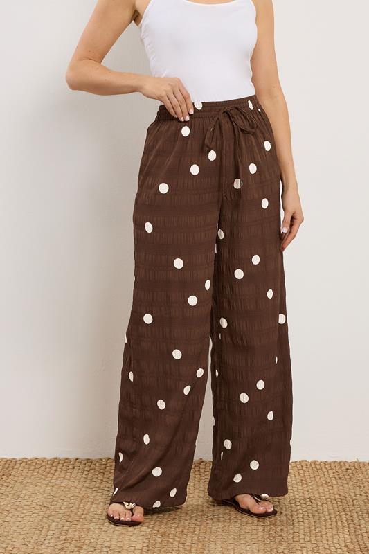 LTS Tall Women's Chocolate Brown Polka Dot Wide Leg Trousers | Long Tall Sally 1