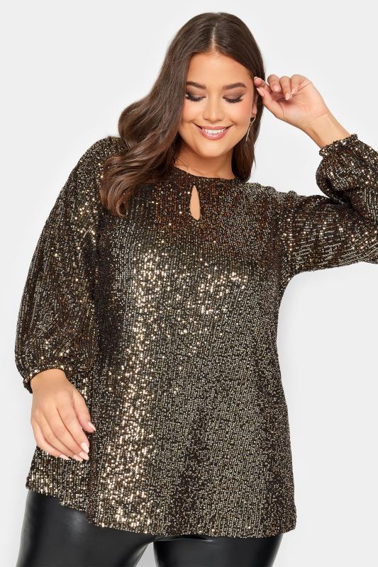 YOURS LONDON Plus Size Gold Sequin Keyhole Long Sleeve Top | Yours Clothing 2