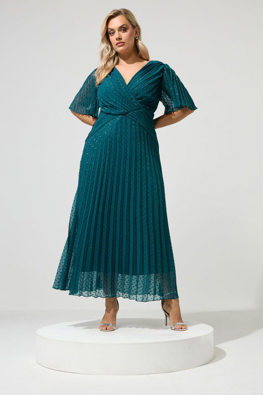 YOURS LONDON Plus Size Teal Green Dobby Pleated Dress