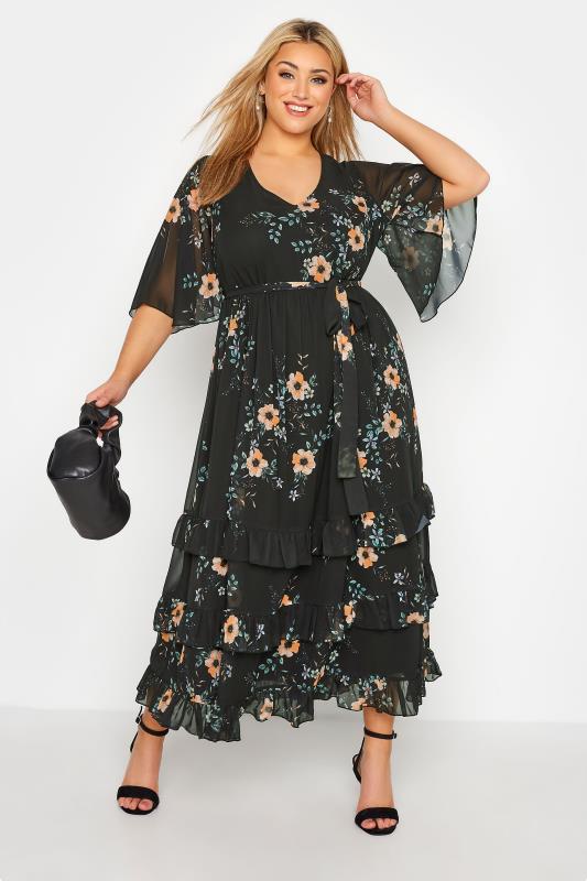  Tallas Grandes YOURS LONDON Curve Black Floral Print Ruffle Maxi Dress