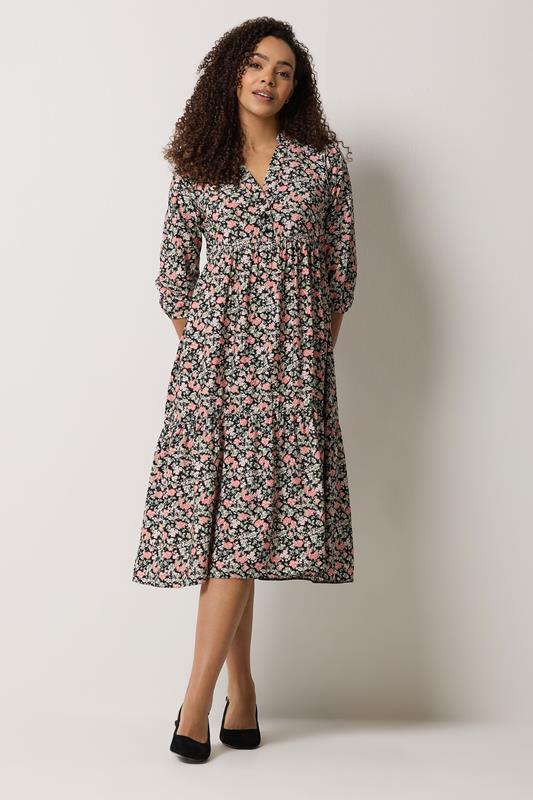 M&Co Black & Pink Floral Tiered Midi Dress | M&Co 1