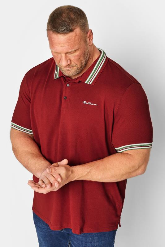  BEN SHERMAN Big & Tall Burgundy Red Stripe Tipped Polo Shirt