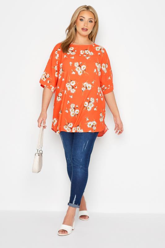 Plus Size Orange Floral Print Keyhole Back Chiffon Blouse | Yours Clothing  2