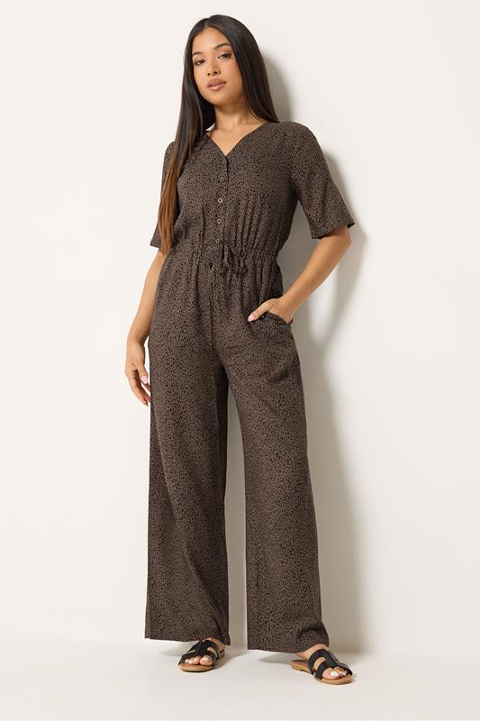  M&Co Petite Brown Spot Print Short Sleeve Jumpsuit