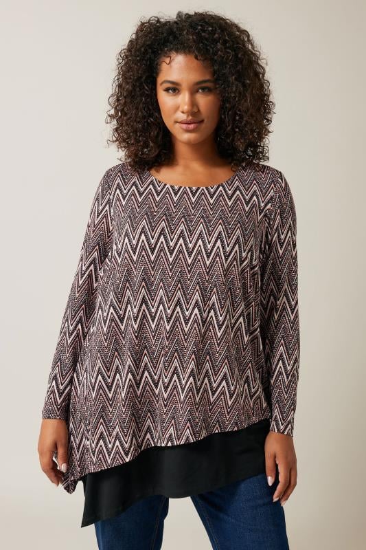 Plus Size  Evans Brown Zig Zag Print Long Sleeve Top