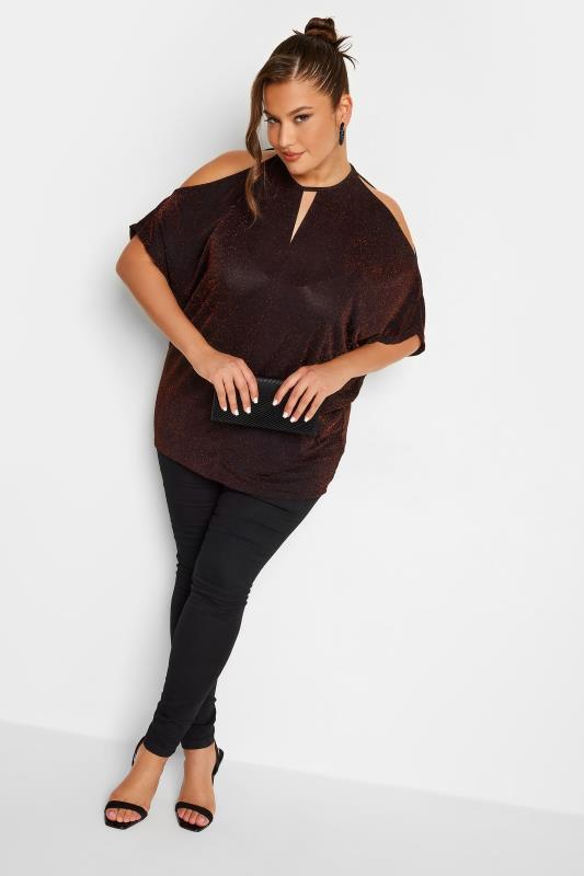 YOURS LONDON Plus Size Red Glitter Cold Shoulder Cape Top | Yours Clothing 3