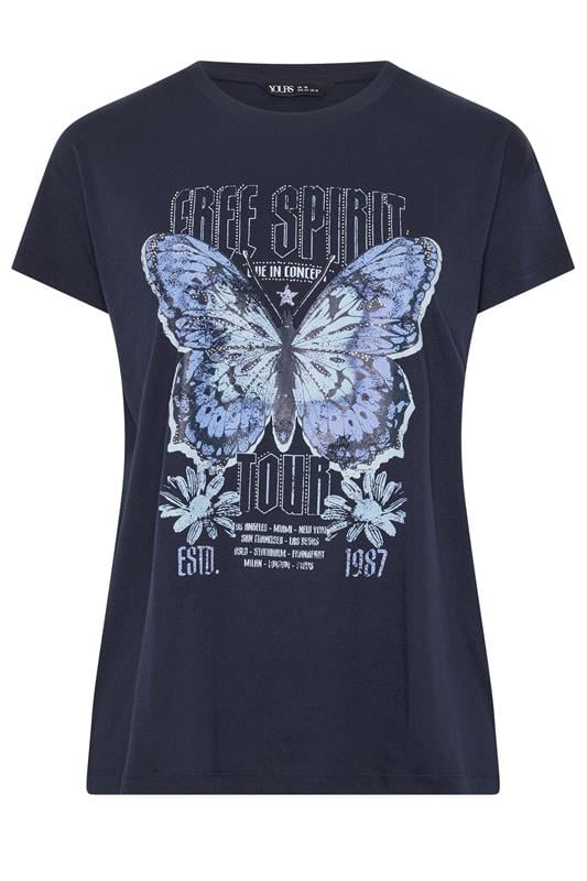 YOURS Plus Size Navy Blue 'Free Spirit' Butterfly Embellished T-Shirt | Yours Clothing 5