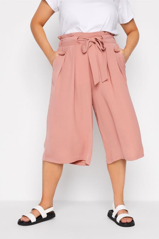Plus Size Pink Paperbag Twill Culottes | Yours Clothing 1