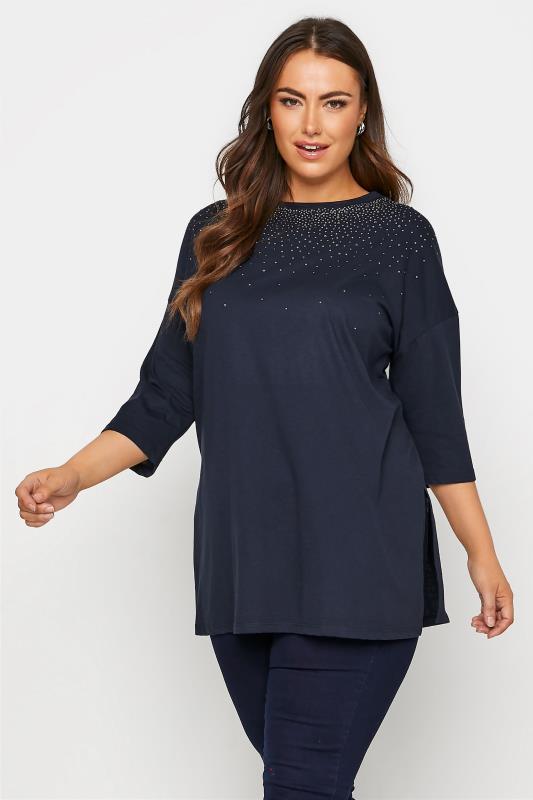  Grande Taille Navy Diamante Embellished Top