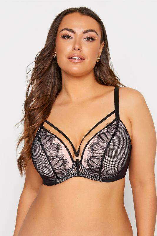 Plus Size  Black Eyelash Lace and Strapping Plunge Bra - Available In Sizes 38C - 48G