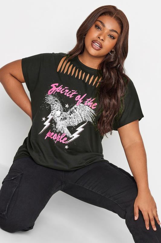 YOURS Plus Size Black Cut Out 'Spirit of the People' Slogan Tee | Yours Clothing 1