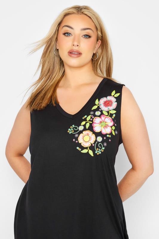 Plus Size Black Embroidered Floral Detail Vest Top | Yours Clothing 4