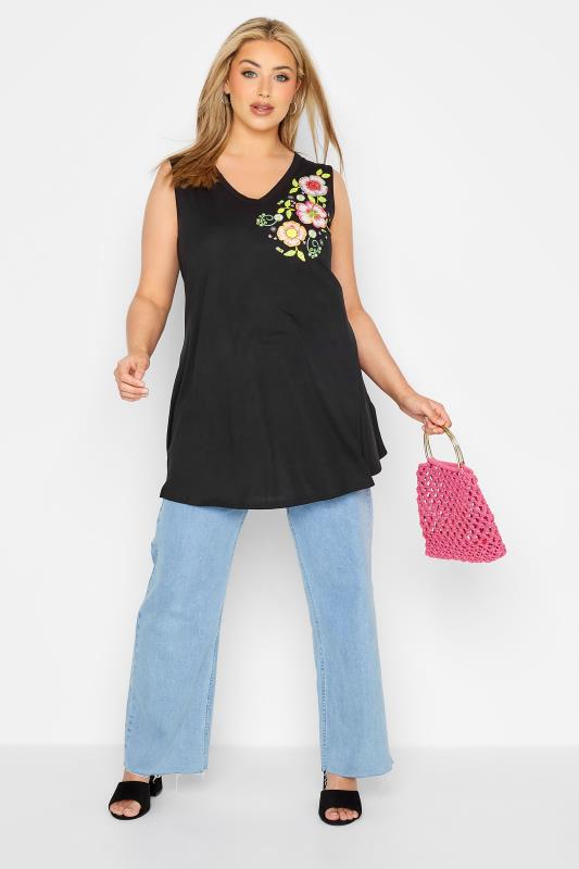Plus Size Black Embroidered Floral Detail Vest Top | Yours Clothing 2