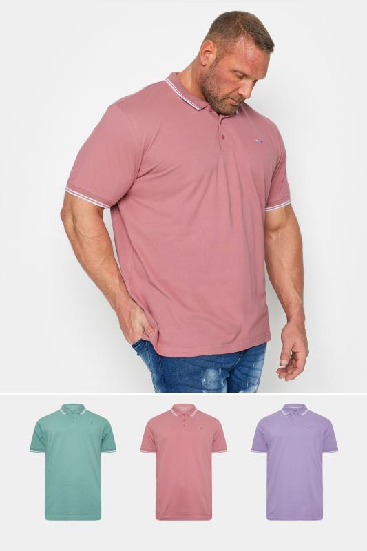  Grande Taille BadRhino Big & Tall 3 PACK Mineral Blue/Rose Pink/Violet Purple Tipped Polo Shirts