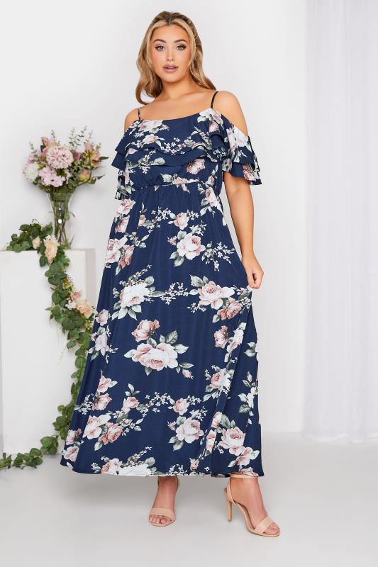 Plus Size YOURS LONDON Curve Navy Blue Floral Bardot Ruffle Bridesmaid Maxi Dress | Yours Clothing  2