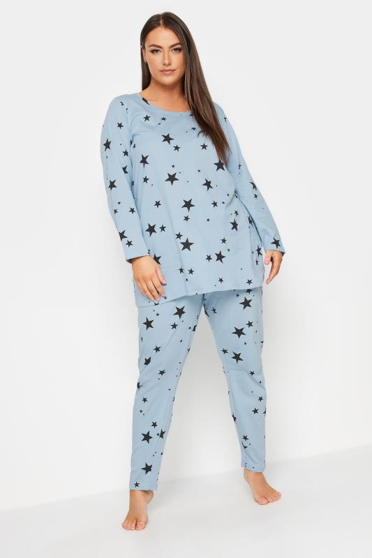 YOURS Plus Size Light Blue Star Print Tapered Pyjama Set | Yours Clothing 2