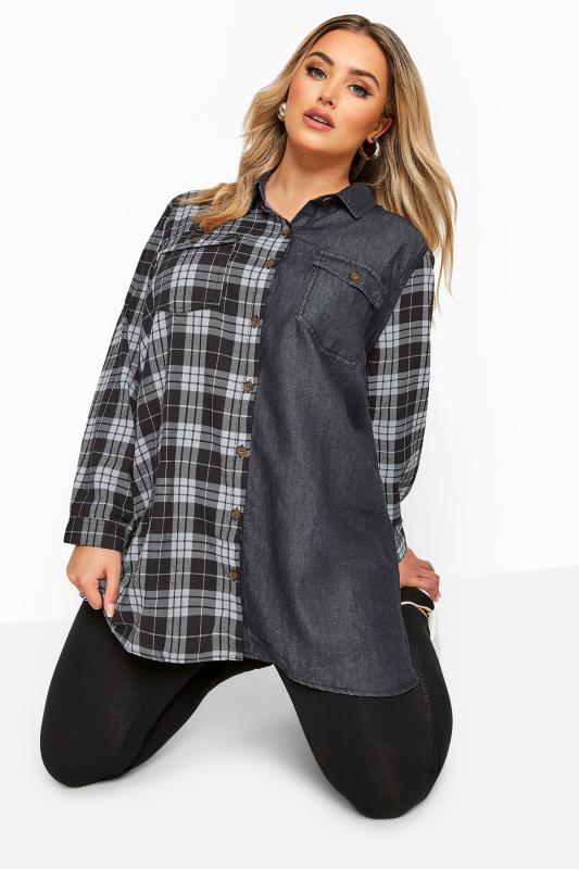 Black Mixed Check Denim Shirt | Yours Clothing