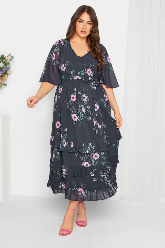 YOURS LONDON Plus Size Curve Navy Blue Floral Ruffle Hem Maxi Dress | Yours Clothing  2