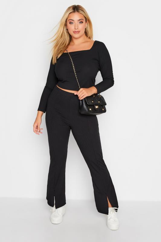 Plus Size Black Ribbed Split Front Flared Trousers | Yours Clothing 2