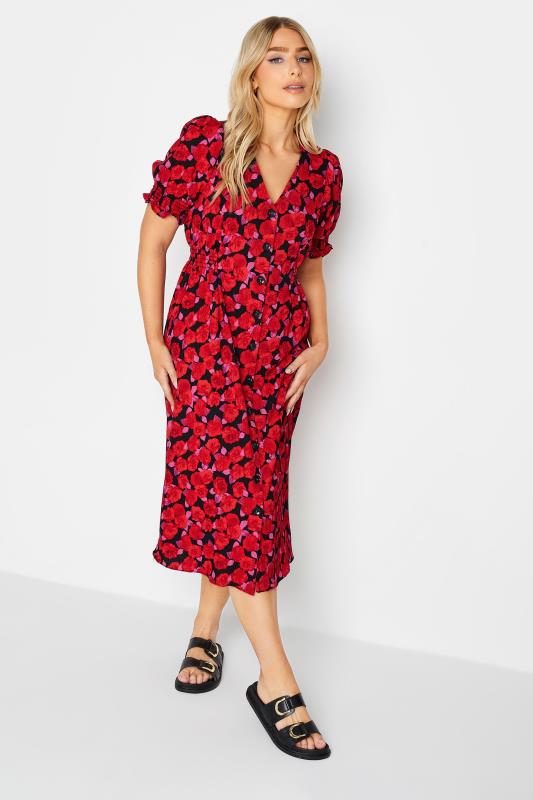 Women's  M&Co Red Floral Print Button Through Dress