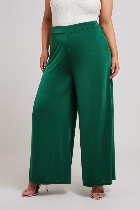YOURS LONDON Plus Size Emerald Green Slinky Wide Leg Trousers | Yours Clothing 2
