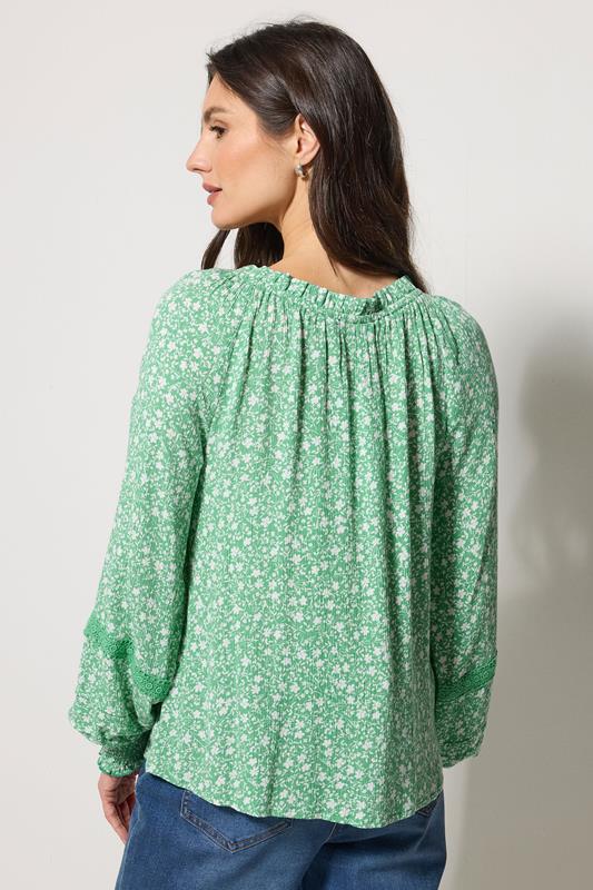 M&Co Green Floral Trim Detail Tie Neck Blouse | M&Co 4