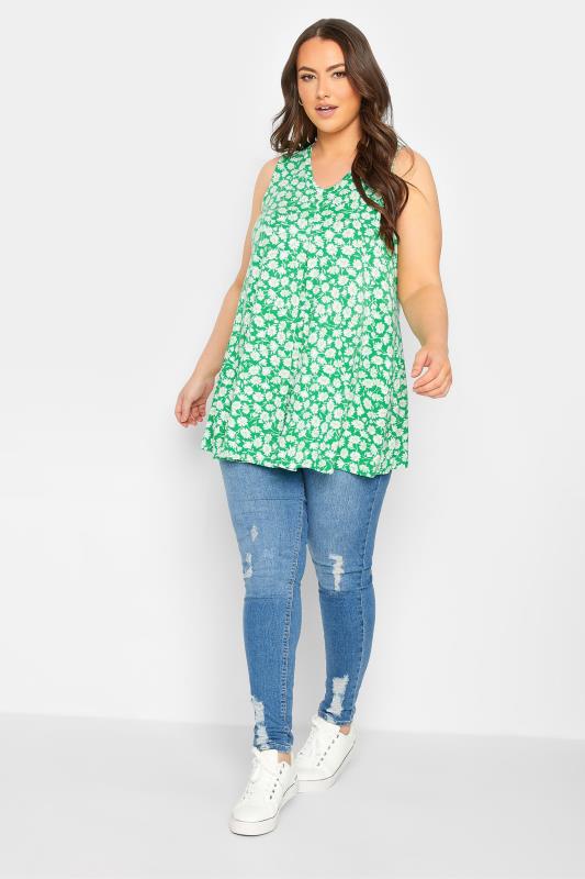 YOURS Plus Size Green Daisy Pleat Swing Vest Top | Yours Clothing 2