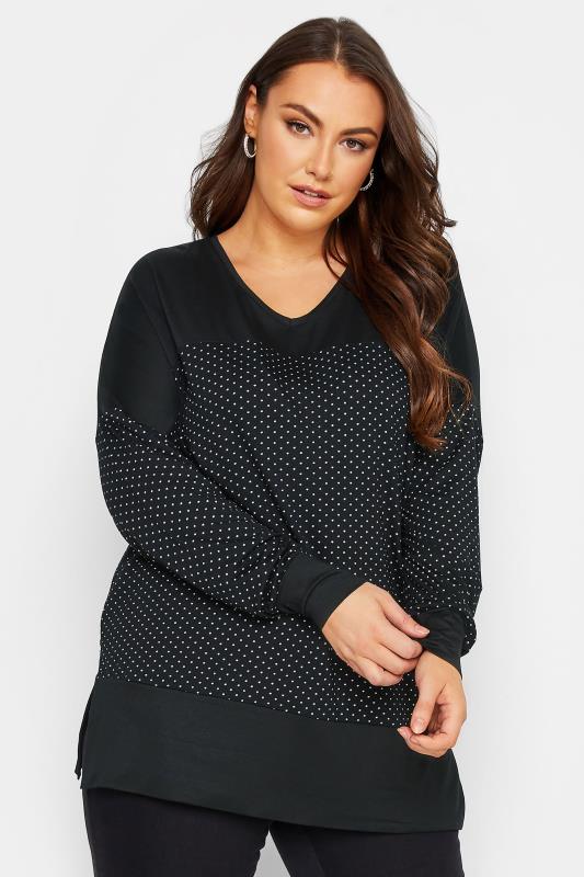 YOURS Plus Size Curve Black & White Polka Dot Panel Top | Yours Clothing 1
