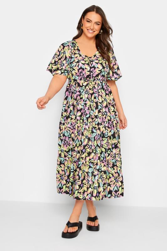 YOURS Plus Size Black Neon Floral Tiered Midi Dress | Yours Clothing 2