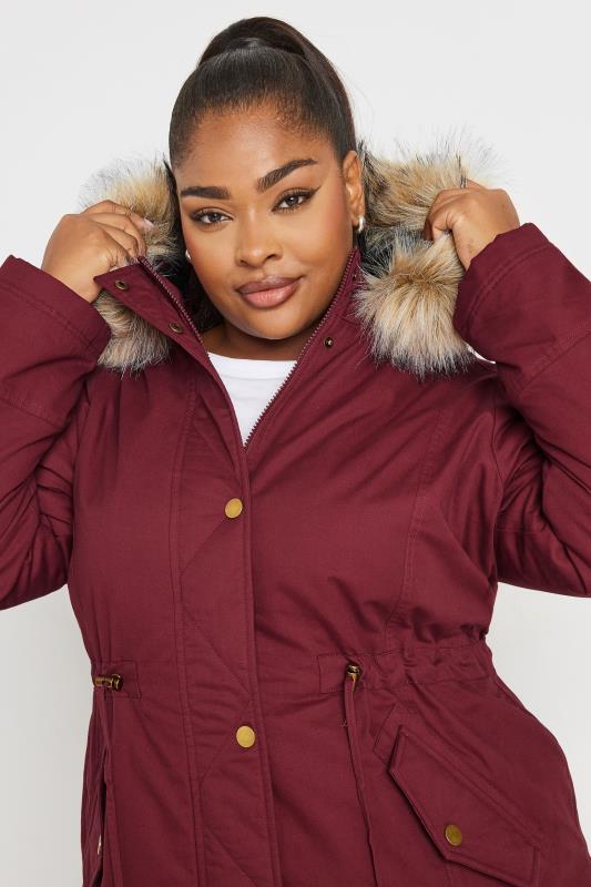 Yours Women s Plus Size Faux Fur Trim Parka Coat in Burgundy Red Size 22 24