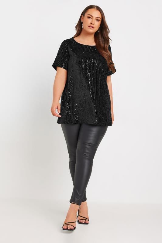 YOURS Plus Size Black Short Sleeve Velvet Sequin Top | Yours Clothing 2