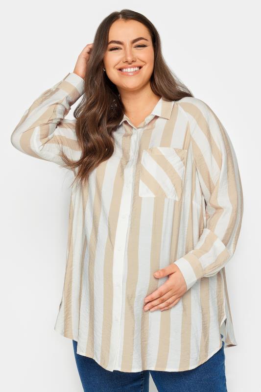 BUMP IT UP MATERNITY Plus Size Beige Brown Stripe Shirt | Yours Clothing 1