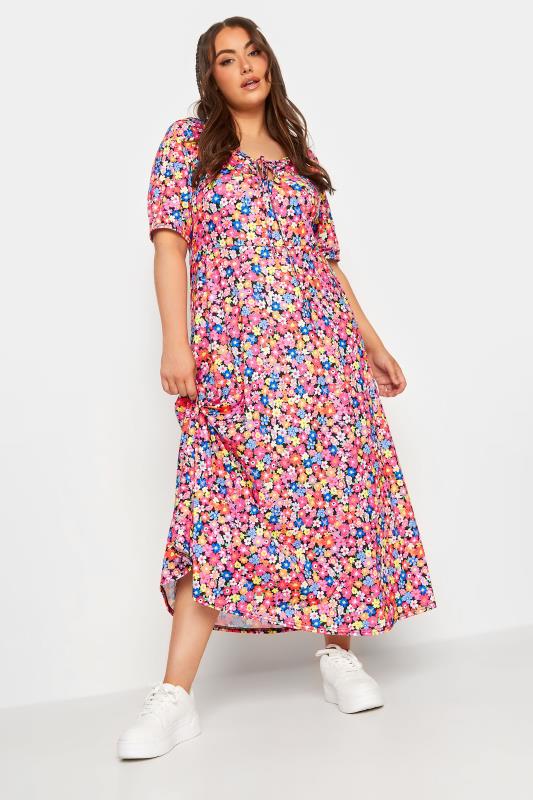 LIMITED COLLECTION Plus Size Black & Pink Floral Print Tie Front Maxi Dress | Yours Clothing 4
