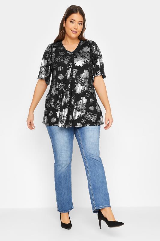 YOURS LUXURY Plus Size Curve Silver Floral Foil Print Top | Yours Clothing  2