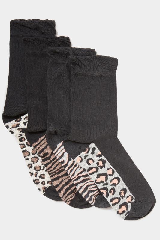 4 PACK Black Animal Print Footbed Socks | Yours Clothing 2